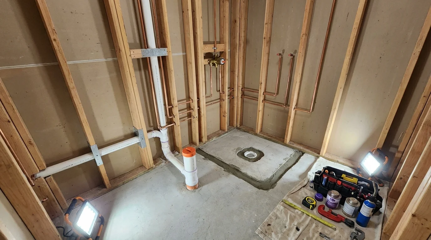Bathroom rough-in plumbing during remodel by Johns Plumbing LLC in Owatonna