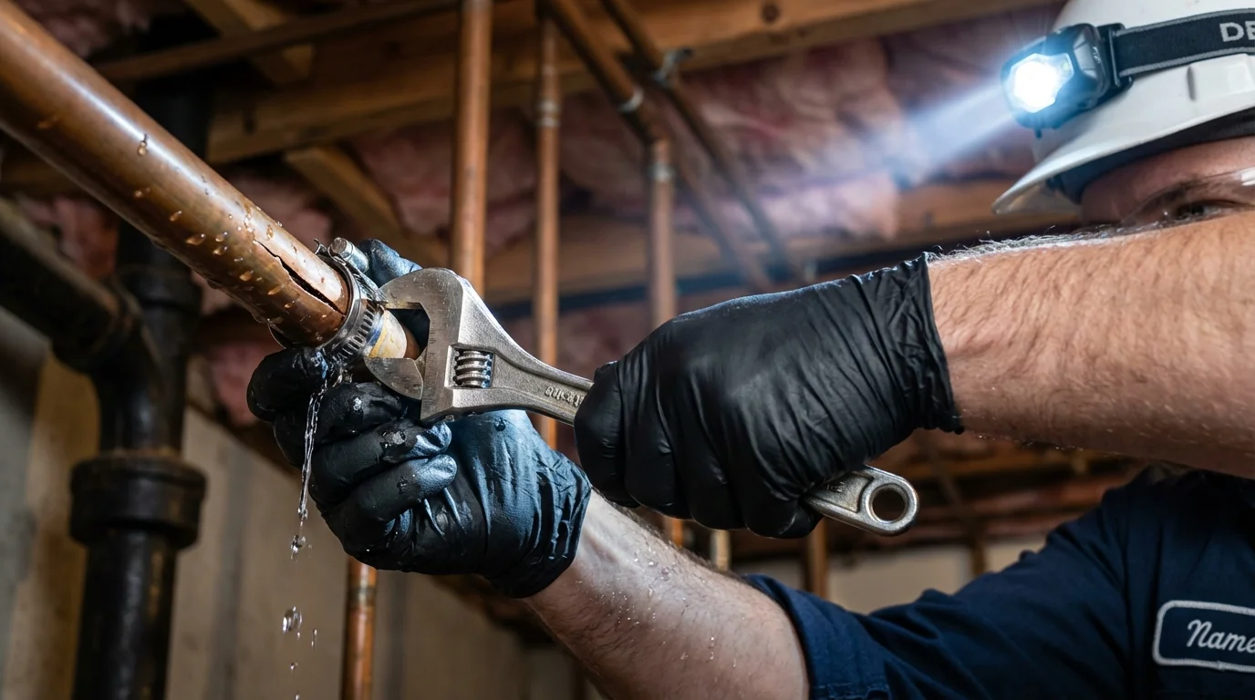 Emergency pipe clamp repair being performed by a Johns Plumbing LLC plumber in Owatonna