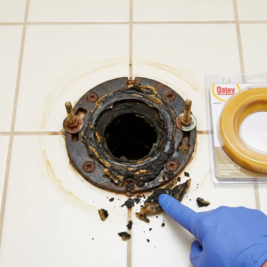 Failed wax ring showing water seepage at the base of a toilet in a Owatonna, MN home