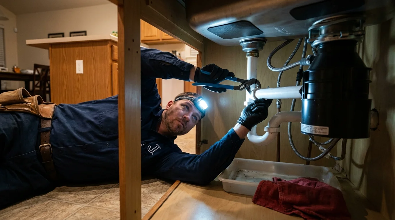 P-trap and supply line connections under a kitchen sink showing a common leak point in Owatonna, MN